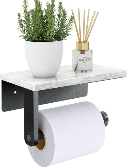 Gypie Marble Toilet Paper Holder with Shelf, Wall Mounted Matte Black | Stainless Steel Tissue Roll Paper Holder Dispenser for Bathroom Washroom
