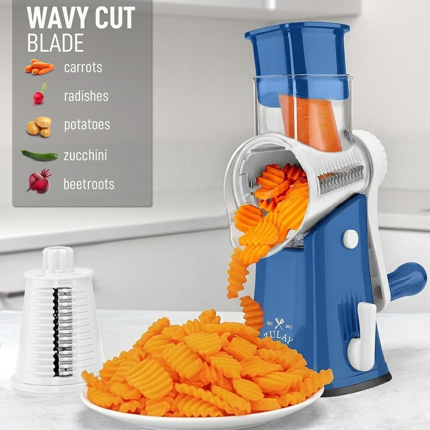 Zulay Kitchen Rotary Cheese Grater 5 Blade Cheese Shredder - Manual Hand Crank Cheese Grater With Reinforced Suction & 5 Interchangeable Drums - Easy to Use, Vegetable Chopper Round Mandoline Slicer - Colors A