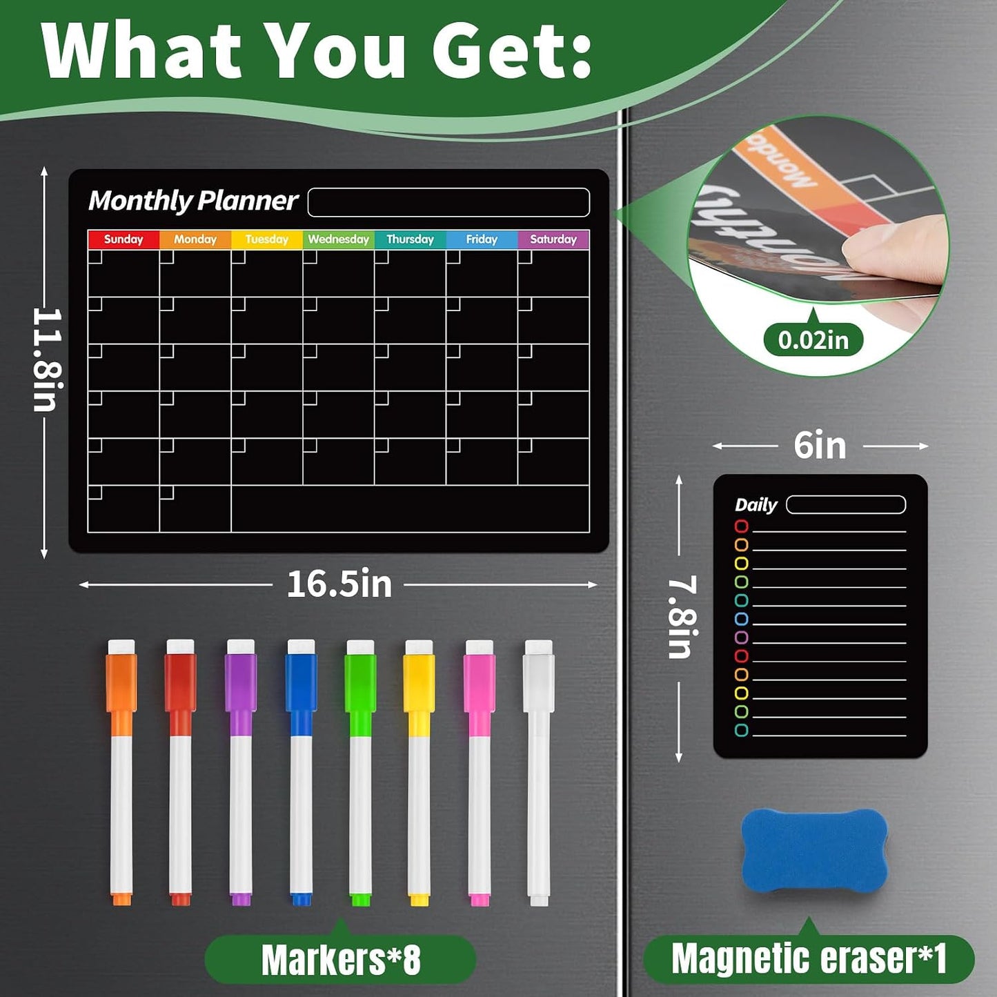 FINDMAG 4 Pack Fridge Calendar, Magnetic Calendar for Dry Erase, Black | Magnetic Dry Erase Board, Monthly Calendar for Fridge with 8 Markers & Eraser