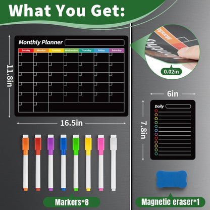 FINDMAG 4 Pack Fridge Calendar, Magnetic Calendar for Dry Erase, Black | Magnetic Dry Erase Board, Monthly Calendar for Fridge with 8 Markers & Eraser