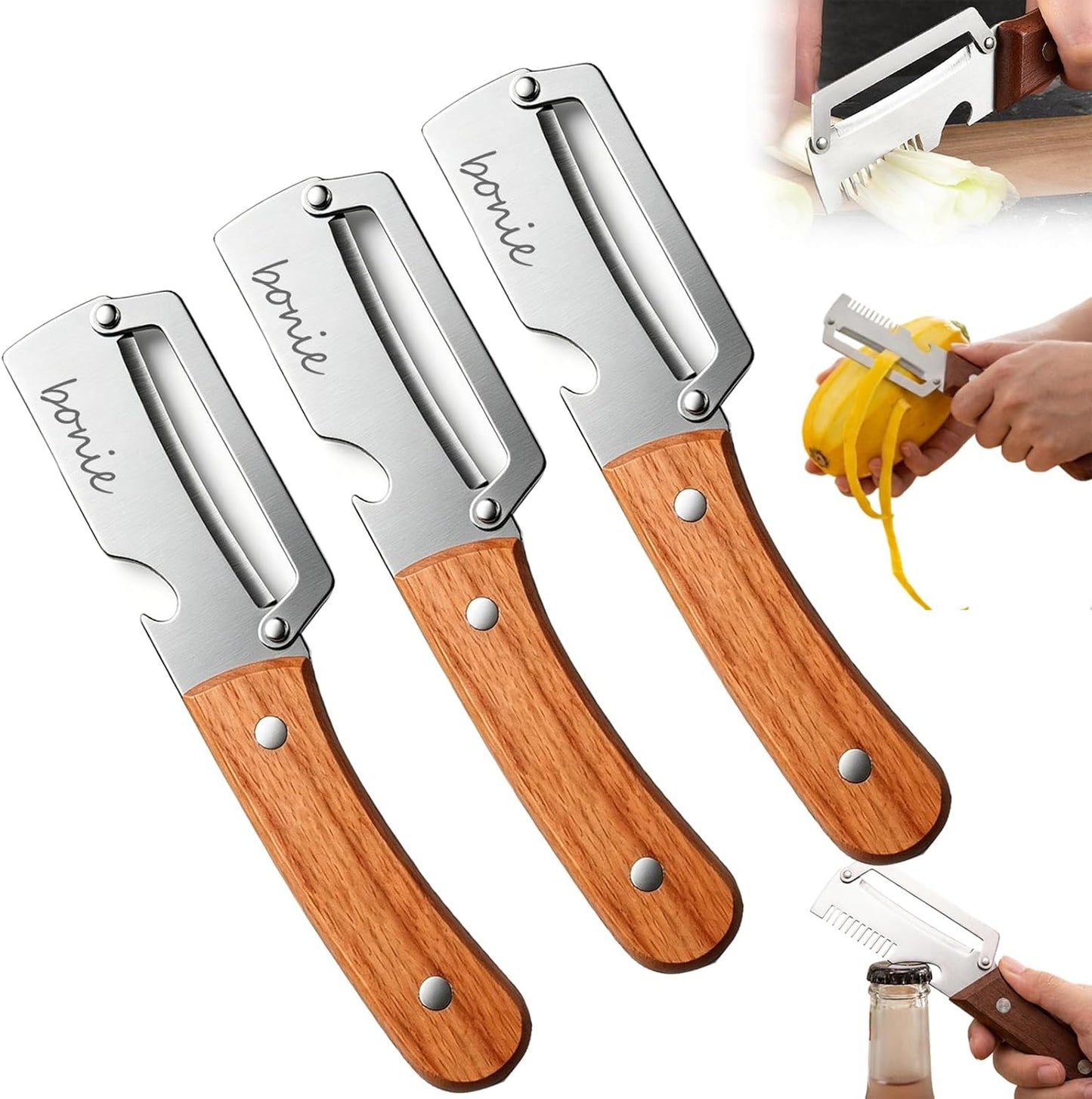 Multi-Functional Stainless Steel Thickened Fruit Peeler Knife, 2026 New 3 in 1 Stainless Steel Blade Peeler for Kitchen with Wooden Handle and Bottle Opener for Vegetable & Fruit (MIX, 2PCS)