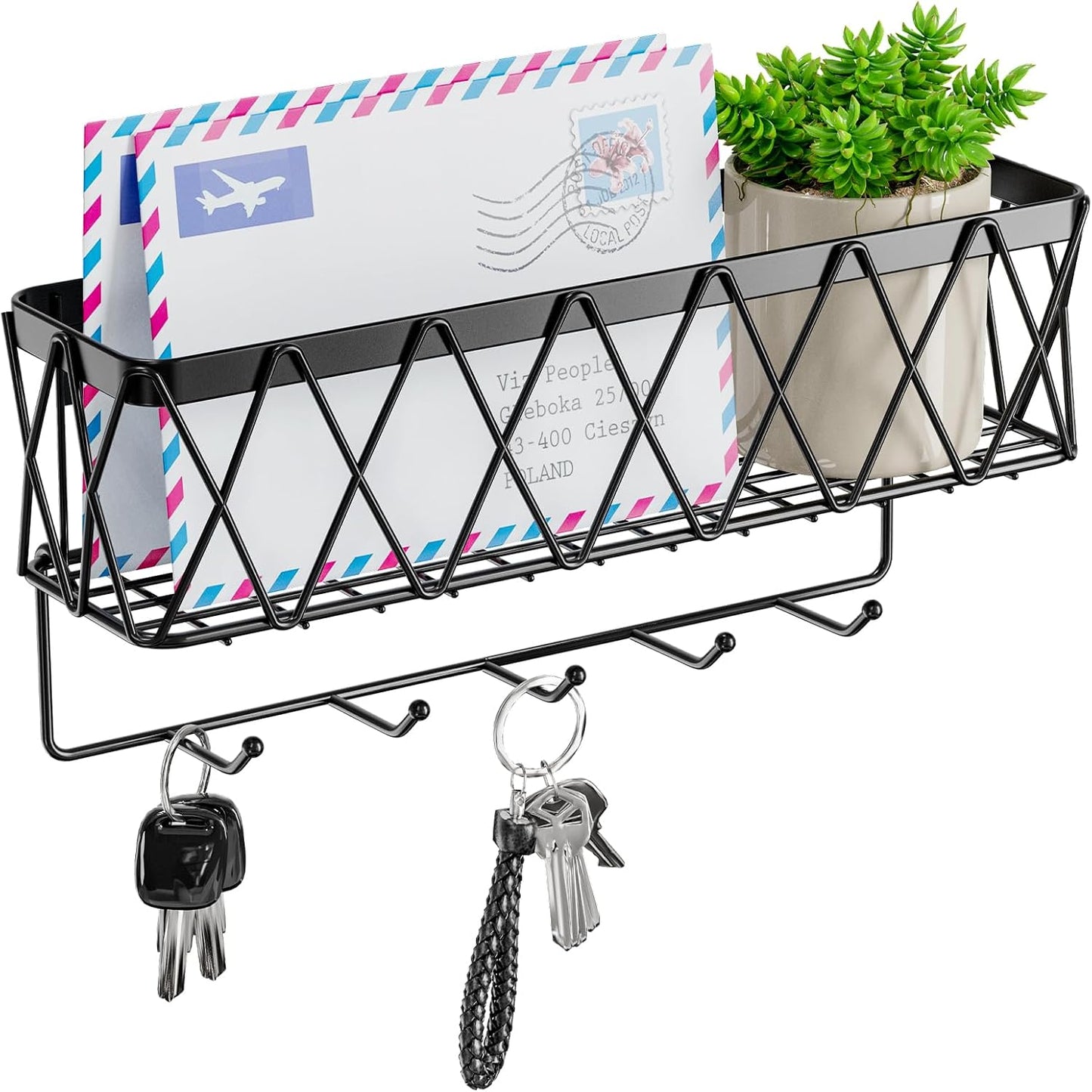 Key Holder for Wall - Key Rack with 5 Key Hooks, 11.02" L×2.75" W×4.92" H, Key and Mail Organizer Wall Mount with Mesh Basket, Key Hanger for Wall, Entryway, Home Decor(Matte Black)