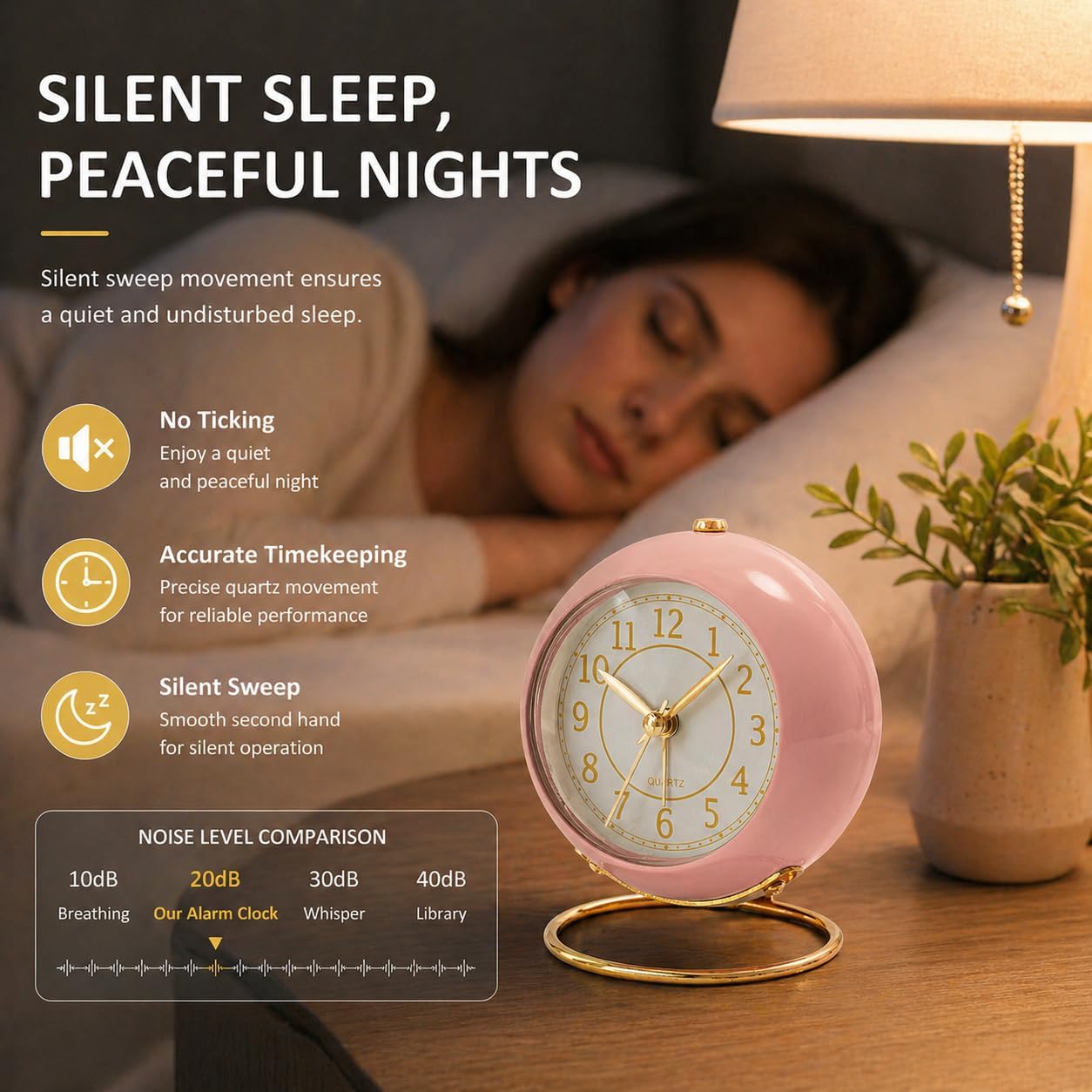 AYRELY® Battery Operated Analog Desk Alarm Clock with Light, Table Clock | Retro Aesthetic Clock with Silent Non-Ticking Movement for Bedside, Bedroom, Kitchen, Office, Travel & Kids' Room(Light Pink)