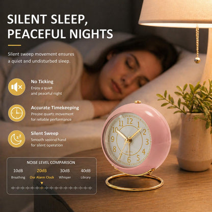 AYRELY® Battery Operated Analog Desk Alarm Clock with Light, Table Clock | Retro Aesthetic Clock with Silent Non-Ticking Movement for Bedside, Bedroom, Kitchen, Office, Travel & Kids' Room(Light Pink)