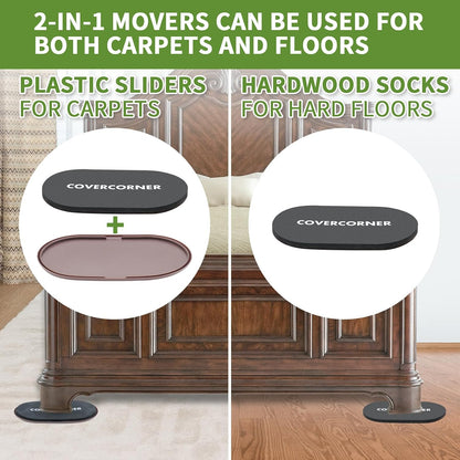 2 in 1 Furniture Sliders, 8 PCS in 3 1/2" or 4", Brown | Furniture Sliders for Hardwood Floors, Furniture Sliders for Carpet, Sliders for Moving Furniture, Furniture Movers Sliders