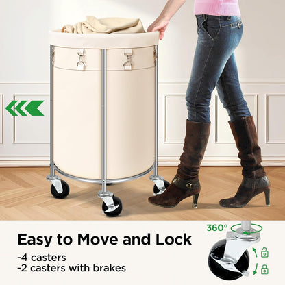100L Round Rolling Laundry Hamper Basket with Wheels, Grey | Laundry Sorter Cart with Removable Bag, Clothes Organizer, Metal Frame, Bedroom, Bathroom, Laundry Room, Dorm Use