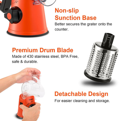 Geedel Rotary Cheese Grater, Kitchen Mandoline Vegetable Slicer with 3 Interchangeable Blades, Easy to Clean Rotary Grater Slicer for Fruit, Vegetables, Nuts | 3 Blades, 430 Stainless Steel, 12x Fast Cutting, Strong Suction Base, No BPA, Dishwasher Safe,