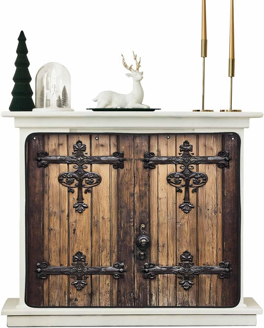 Rustic Wooden Door Magnetic Fireplace Cover 39"x32",Brown Black Farmhouse Country Vintage Decorative Fireplace Blanket Insulation Cover for Heat Loss,Indoor Fireplace Draft Stopper Covers Protectors