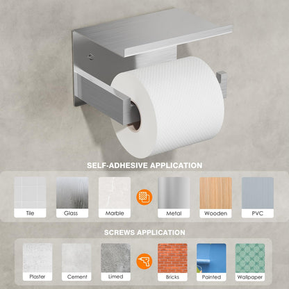 Auxmir Toilet Paper Holder with Shelf, Self Adhesive or Screw Mount, Black | Rustproof SUS304 Stainless Steel with Phone Shelf, Square Anti-Slip Bar, Fits Mega Rolls, Adhesive or Screw Installation