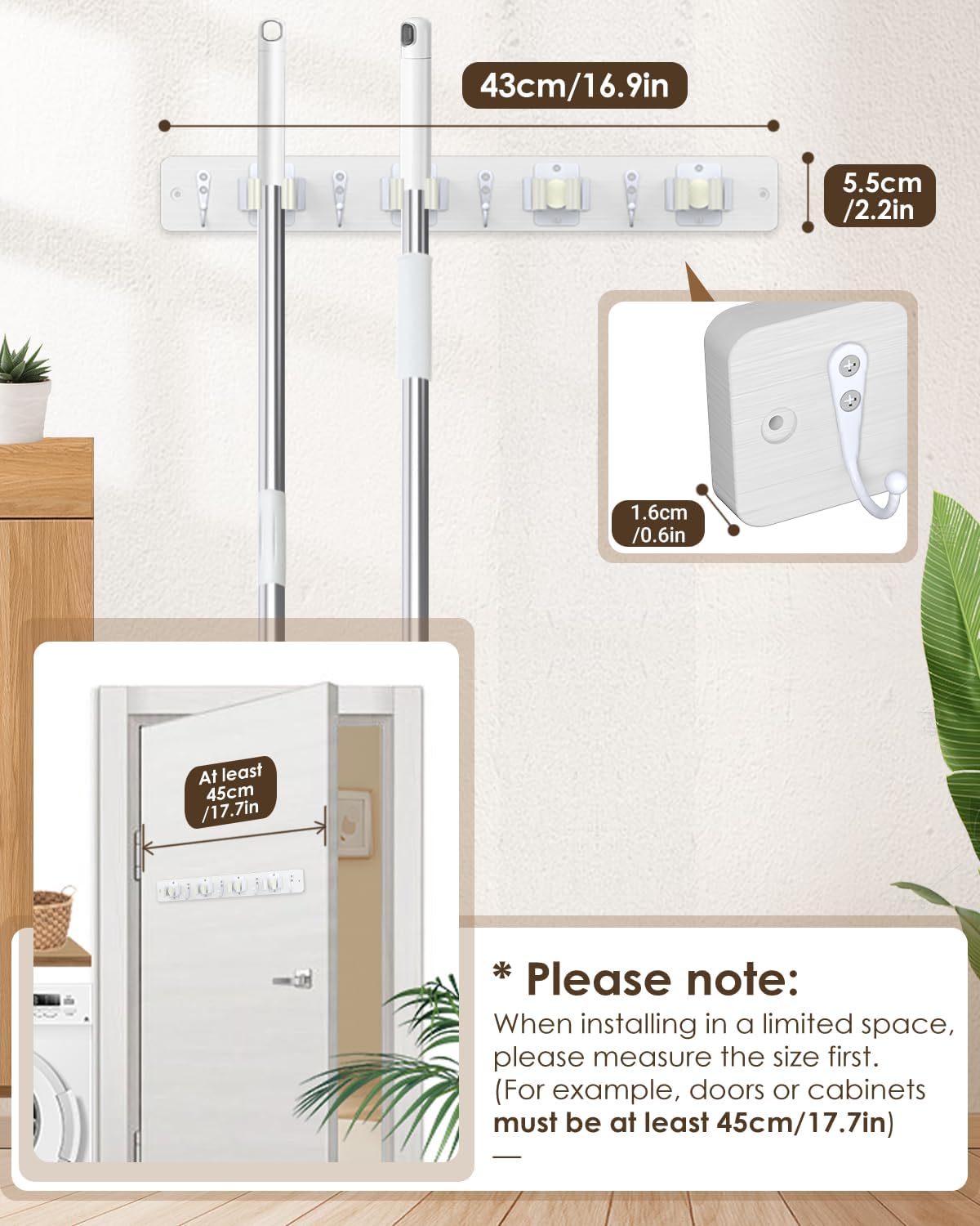 Broom Holder Wall Mount, 4 Holders 4 Hooks Mop and Broom Organizer | Mop Holder Wall Mount and Broom Hanger for Garage, Laundry Room, Kitchen and Utility Storage