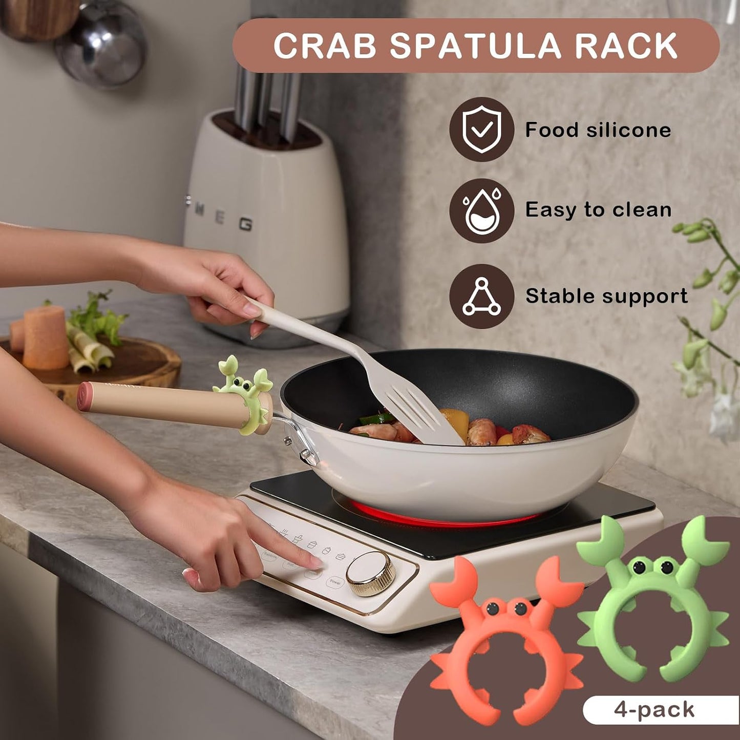 4 Pcs Crab Spatula Holder, Silicone Crab Shaped Spoon Rest, Anti-Scalding Adjustable Cooking Utensil Holder for Pot, Silicone Boil Over Spill Stopper Creative Crab Gifts for Crab Lovers