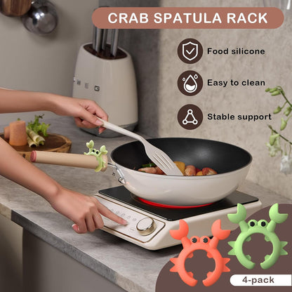 4 Pcs Crab Spatula Holder, Silicone Crab Shaped Spoon Rest, Anti-Scalding Adjustable Cooking Utensil Holder for Pot, Silicone Boil Over Spill Stopper Creative Crab Gifts for Crab Lovers