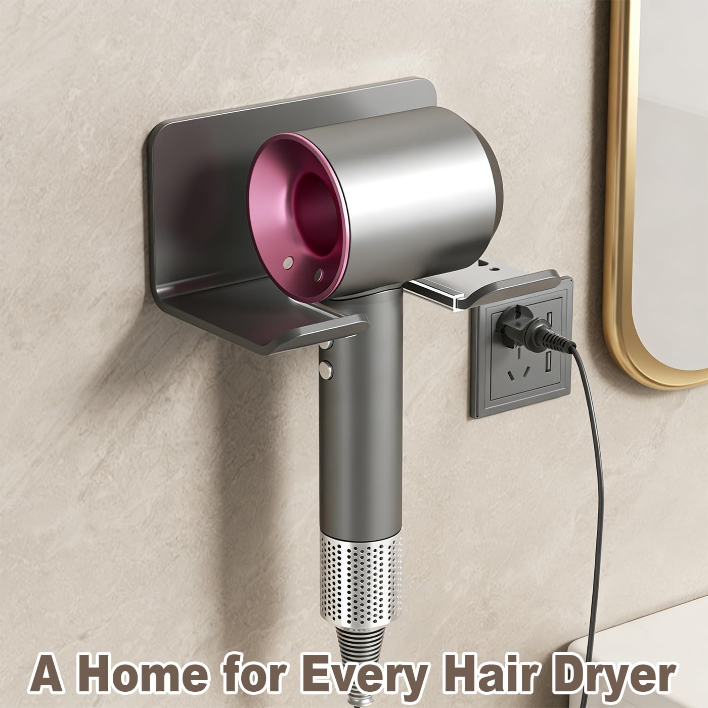 Universal Hair Dryer Holder Wall Mount, Blow Dryer Hanger with Plug Cord Organizer, No Drilling Self Adhesive for Bathroom Cabinet Door Vanity (1PCS, White)