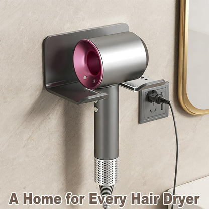 Universal Hair Dryer Holder Wall Mount, Blow Dryer Hanger with Plug Cord Organizer, No Drilling Self Adhesive for Bathroom Cabinet Door Vanity (1PCS, White)