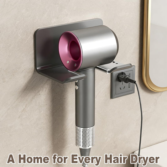 Universal Hair Dryer Holder Wall Mount, Blow Dryer Hanger with Plug Cord Organizer, No Drilling Self Adhesive for Bathroom Cabinet Door Vanity (1PCS, White)