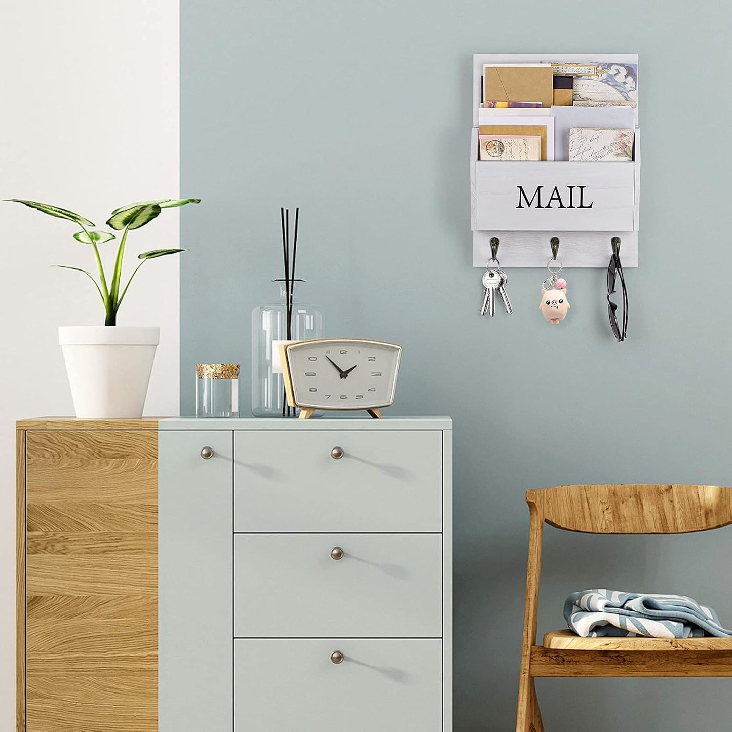 DLQuarts Solid Wood Mail Organizer with Key Holder for Wall, Mail Sorter Wall Mounted, Decorative Wooden Key and Mail Holder with 3 Hooks, White