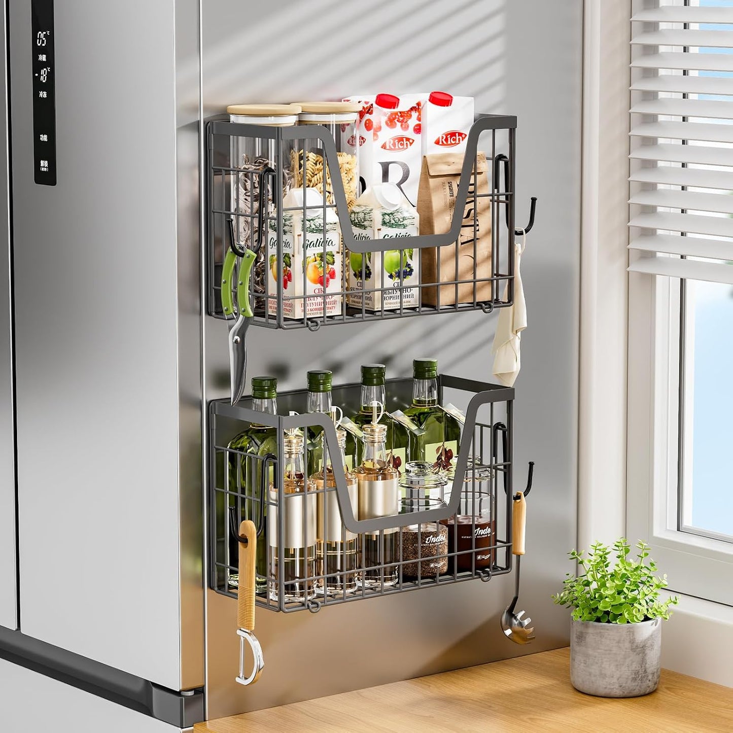 Magnetic Shelf for Fridge, Fruit Basket Magnet Shelves with 2 Hooks | Potato and Onion Storage Bins, Black Magnetic Organizer Side of Fridge Storage, Magnetic Spice Rack for Refrigerator Kitchen