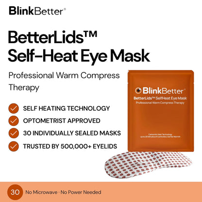 BlinkBetter BetterLids Self-Heating Eye Mask (30 Pack) | Warm Compress Therapy for Dry Eyes, Eyelid Hygiene & Blepharitis Care | Air-Activated Gentle Heat for MGD, Tired Eyes & Daily Lid Support