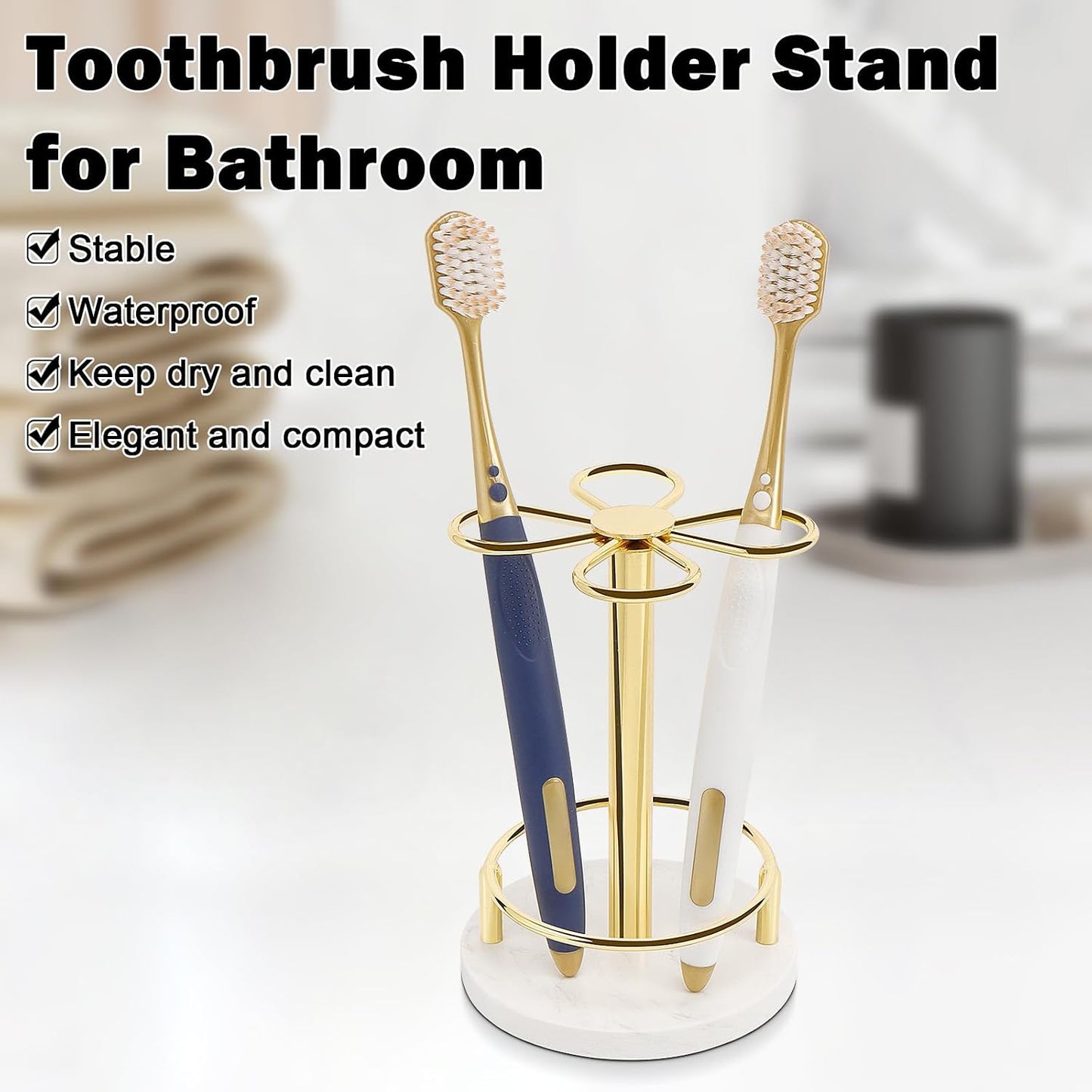 Toothbrush Holder Stand for Bathroom, Metal Toothbrush Organizer with Marble Base, Toothbrush Storage Collection for Family, Suitable for Home Hotel Countertop Vanity (Small, Matte Black)