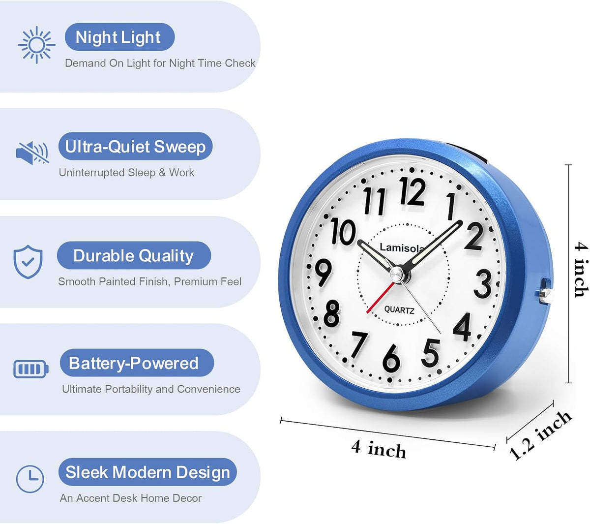 Lamisola 4 Inch Alarm Clock for Bedrooms, Small Analog Desk Clock, Black
