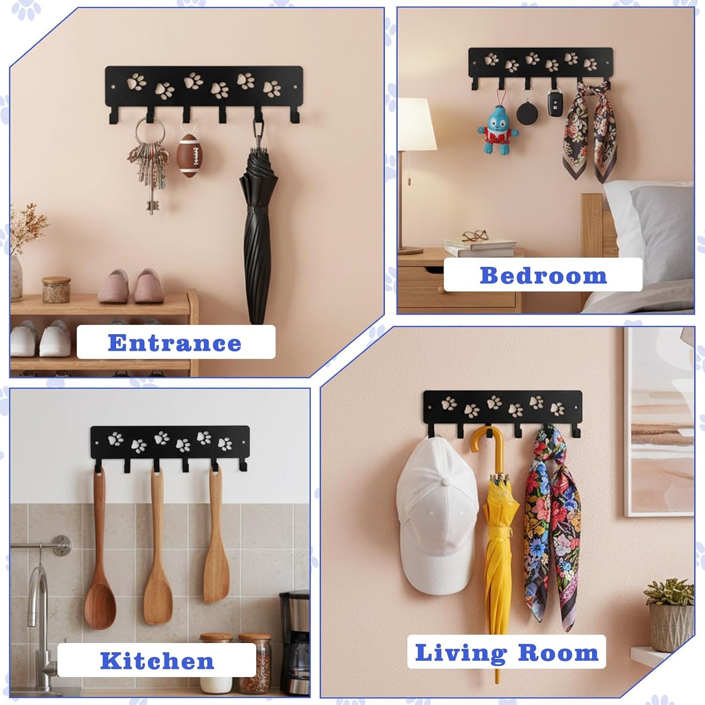 Key Holder Wall Mount & Dog Leash Holder for Wall, Metal Key Rack with 6 Hooks Decorative Animal Storage Rack Adhesive for Entrance Living Room Kitchen Dog Paws Design WallOrganizer