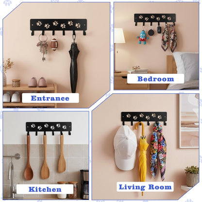 Key Holder Wall Mount & Dog Leash Holder for Wall, Metal Key Rack with 6 Hooks Decorative Animal Storage Rack Adhesive for Entrance Living Room Kitchen Dog Paws Design WallOrganizer