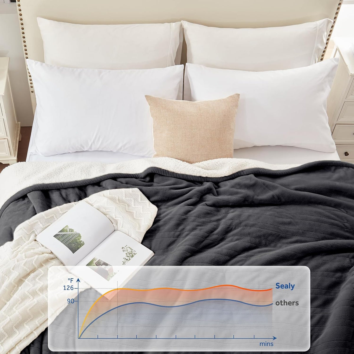 Sealy Electric Blanket Throw 50×60, Flannel to Sherpa, Charcoal