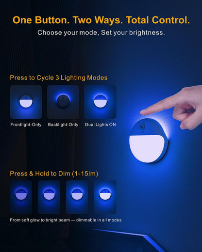 Small Motion Sensor Amber Night Light Battery Operated, Toilet Light | 2 Pack, 3 Modes, Dimmable 1-15lm, Dim Light Soft Glow, No Plug, Wireless Stick on Light for Bedroom, Sleep, Bathroom, Kids