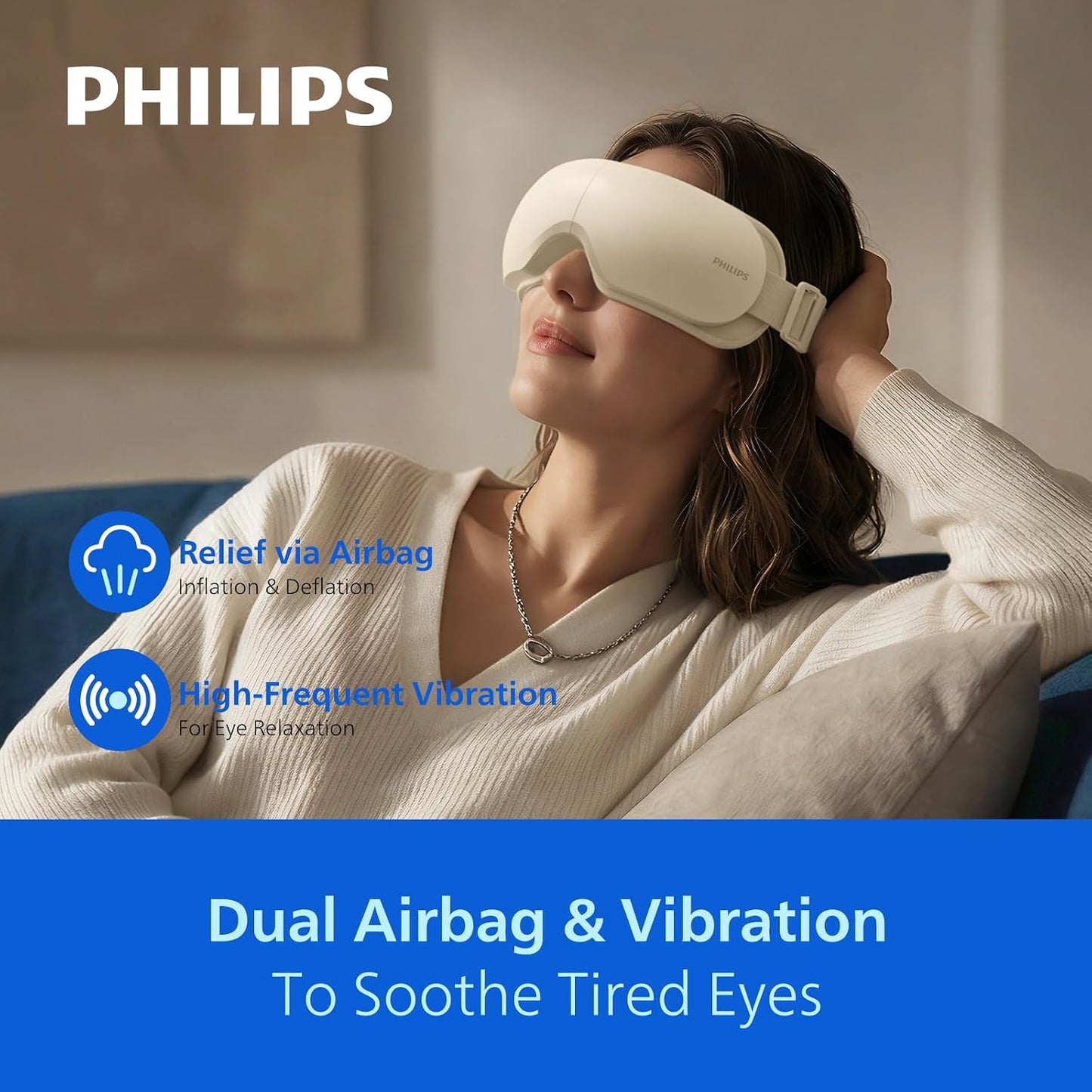PHILIPS Eye Massager with Heat, Warm Compress for Headache, Migraine Relief | Rechargeable portable eye mask for home, office & travel; relieves stress & headache, ideal gift for women & men
