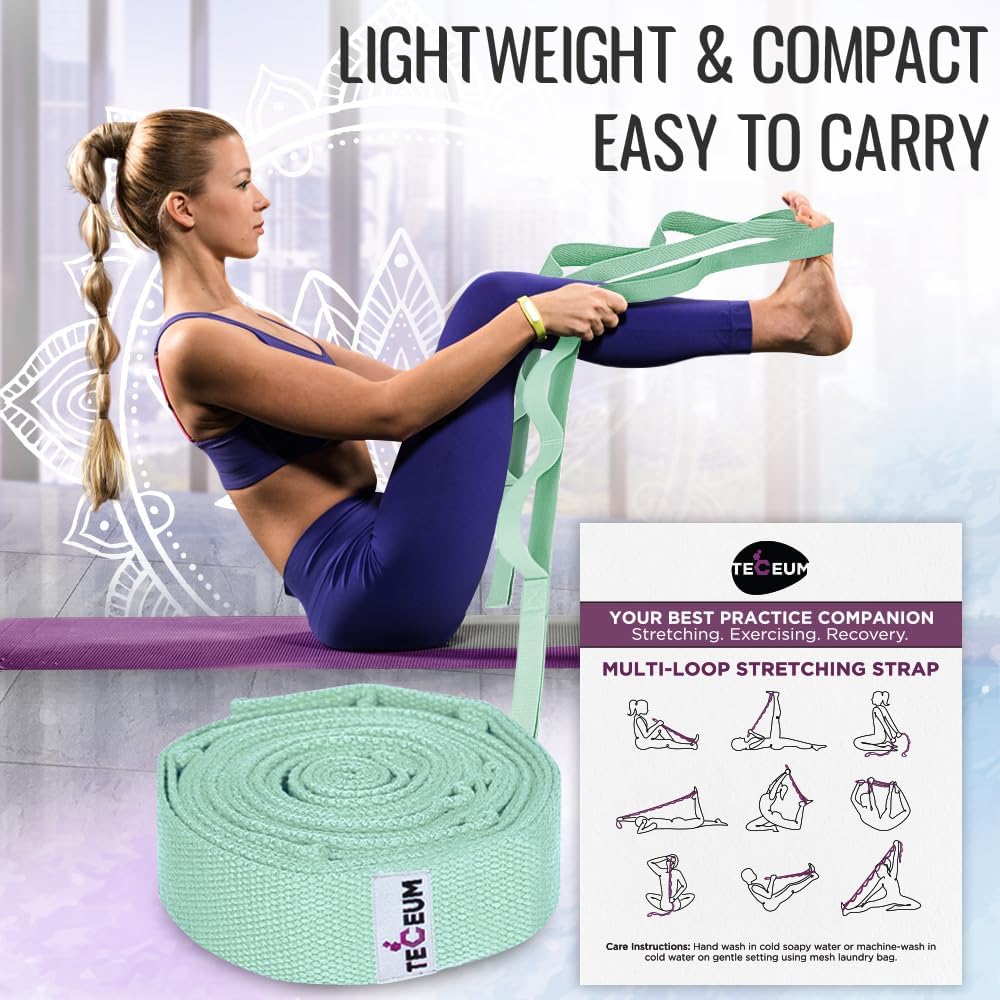 Stretching Strap with 10 Loops for Physical Therapy & Rehab | Non-Elastic Yoga Stretch Band for Hamstring, Leg, Hip & Knee Rehab, Pilates, Flexibility & Mobility Exercises for Men & Women