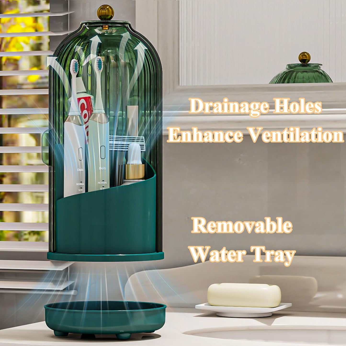 Drainable Toothbrush Toothpaste Holders with Cover, Transparent | Drainage Holes, Waterproof and Dustproof, 360° Rotating Base, Sliding Door, for Bathroom Counter