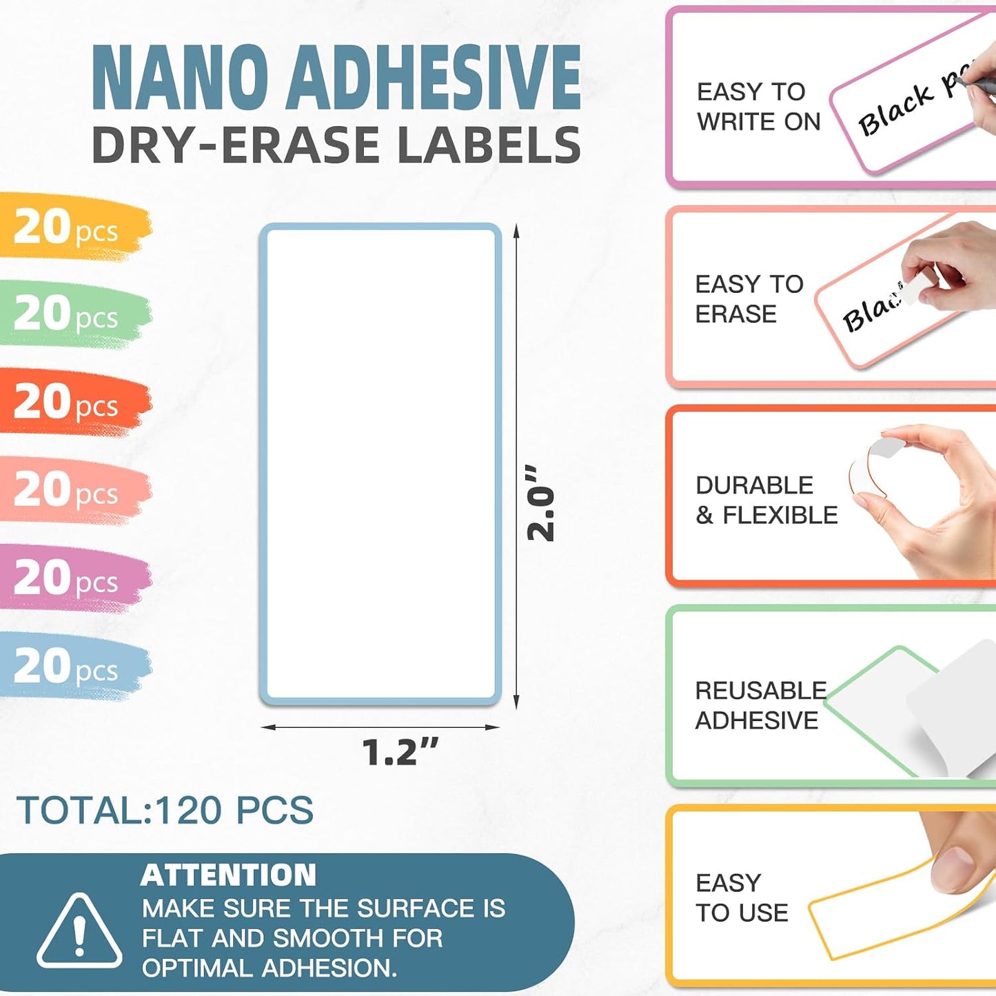 PPB Dry Erase Labels Stickers, Reusable Waterproof Removable Notes for Storage Bins, Freezer, Kitchen, Classroom, Whiteboard, All Purpose Use (1.2”x 2”, Multicolor, 60 Dots)