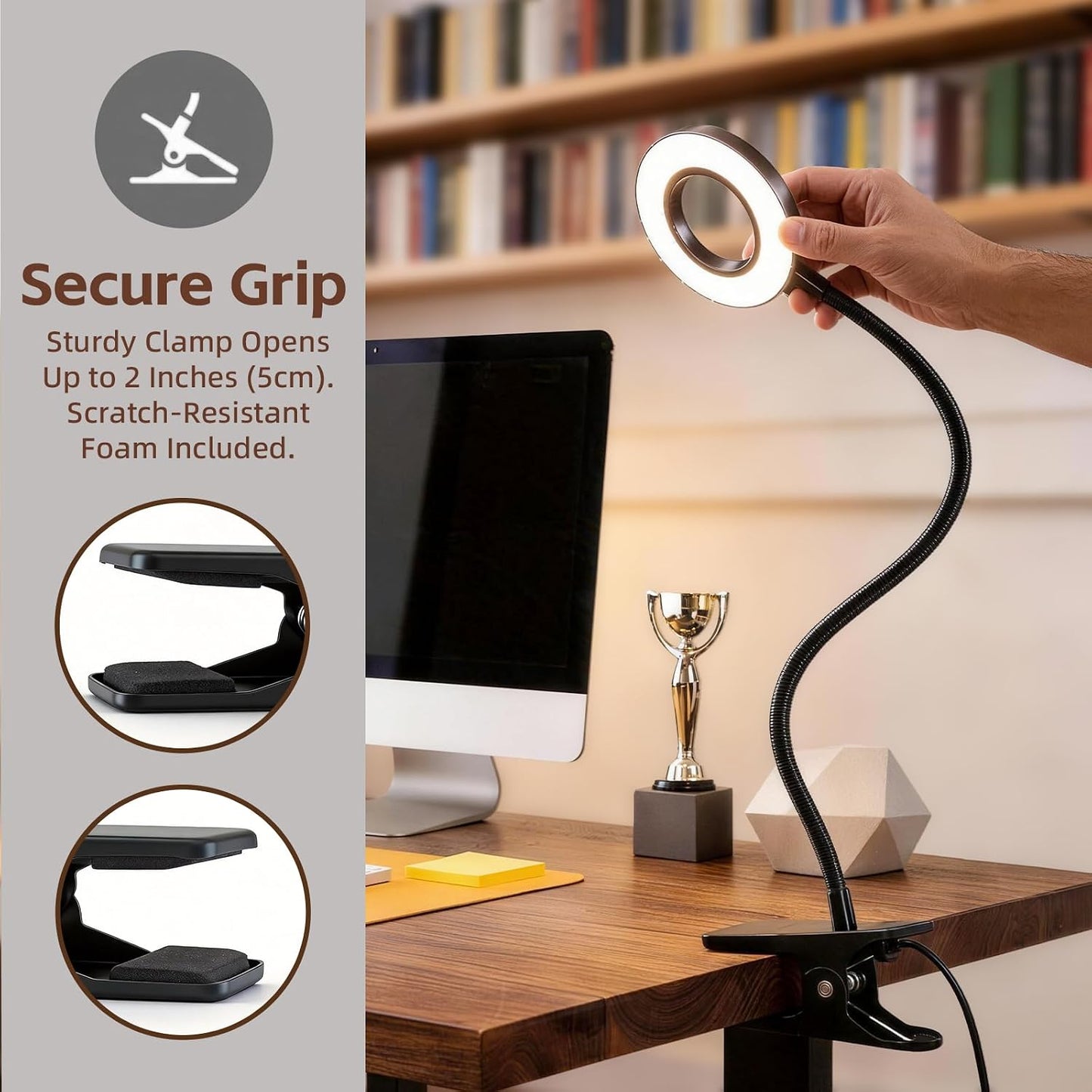 LED Desk Lamp with Clamp, Clip on Book Light for Reading | 48 LED,3 Colors & 10 Brightness, Aluminum 15" Gooseneck, Clamp Lamp, for Bed Headboard, Home Office, Dorm, Crafting