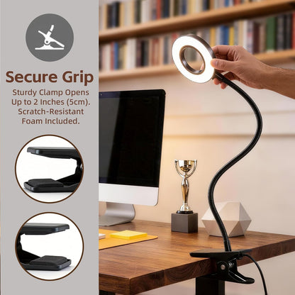 LED Desk Lamp with Clamp, Clip on Book Light for Reading | 48 LED,3 Colors & 10 Brightness, Aluminum 15" Gooseneck, Clamp Lamp, for Bed Headboard, Home Office, Dorm, Crafting