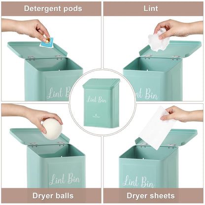 SUBEKYU Magnetic Lint Bin for Laundry Room Organization and Storage,White | Wall Mounted Metal Lint Box Holder Trash Can with Lid for Dryer,Lint Basket for Laundry Room Decor