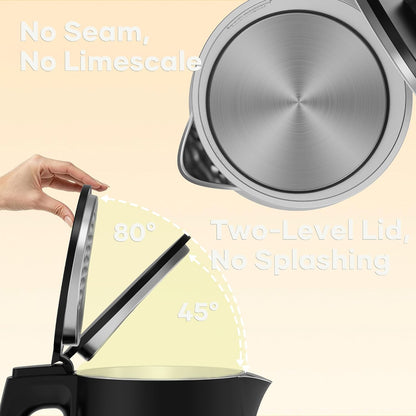 Damsun 1.7L Stainless Steel Electric Kettle, 1500W Rapid Boil, Black | No Plastic Contact with Water,Auto Shut-Off & Boil-Dry Protection,BPA Free 360 Rotatable Cordless Base