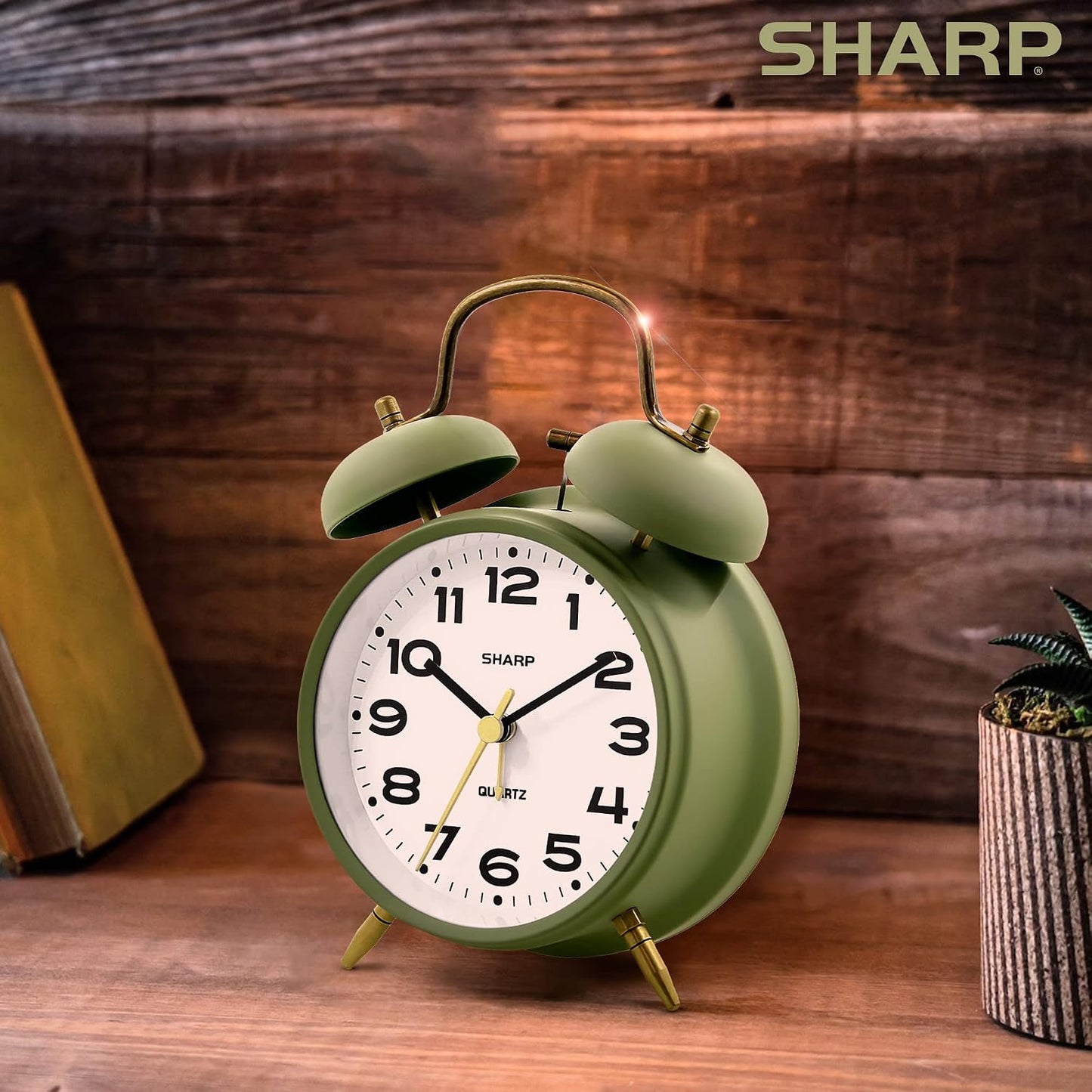 Sharp 4-Inch Twin Bell Alarm Clock for Heavy Sleepers (Matte Navy) | Extra-loud metal bell alarm, quiet quartz movement, press-button backlight, rustic bronze accents, battery operated