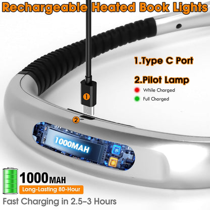 Rechargeable Heated Neck Reading Light with 4 Adjustable Light Modes, Hands Free LED Booklight Lamp for Books in Bed, Night Reading, Comfortable Book Lights for Readers & Crafters (Black)