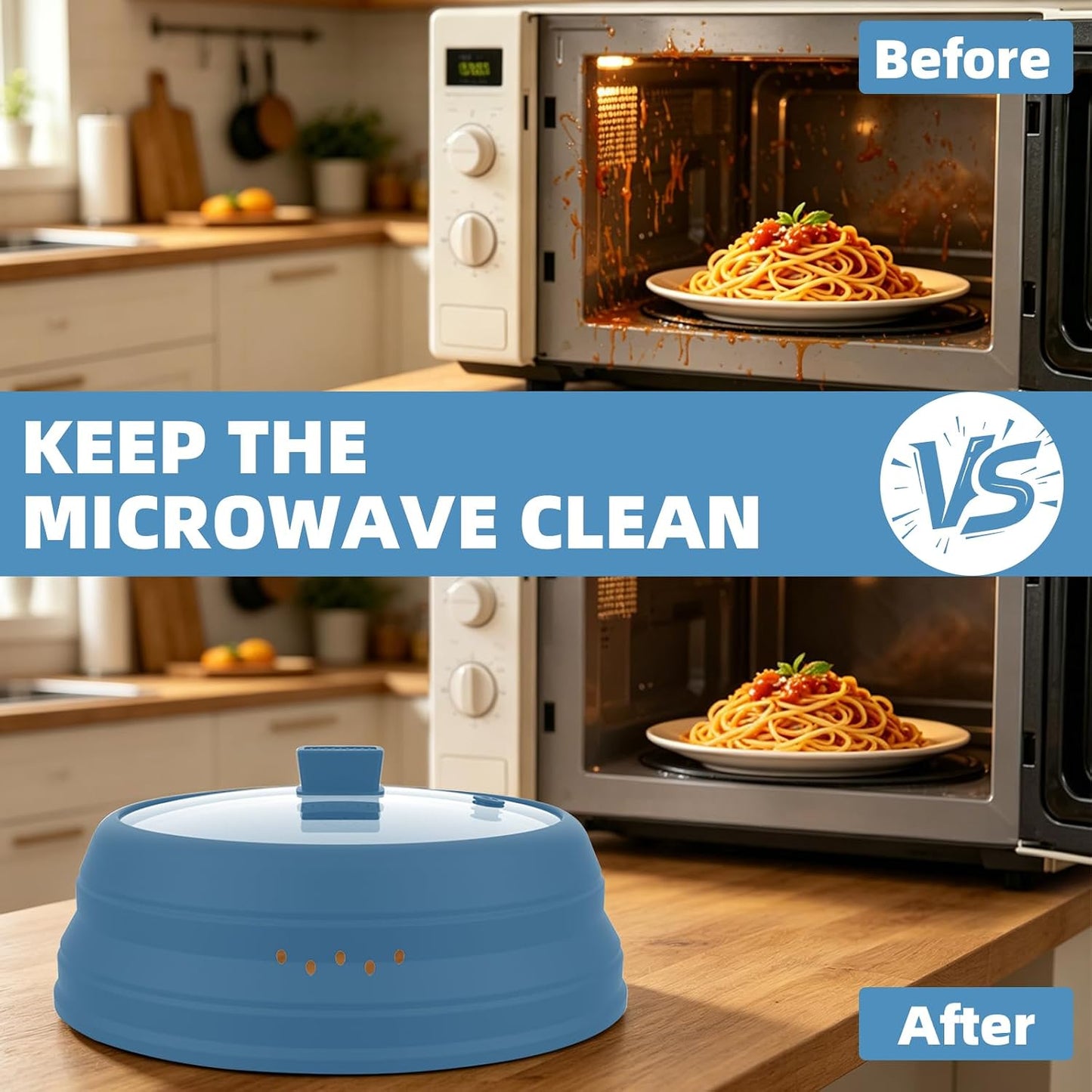 Microwave Splatter Cover Glass Guard Lid with Collapsible Silicone for Food Pot Plate Cover 9.8 inch Dark Blue