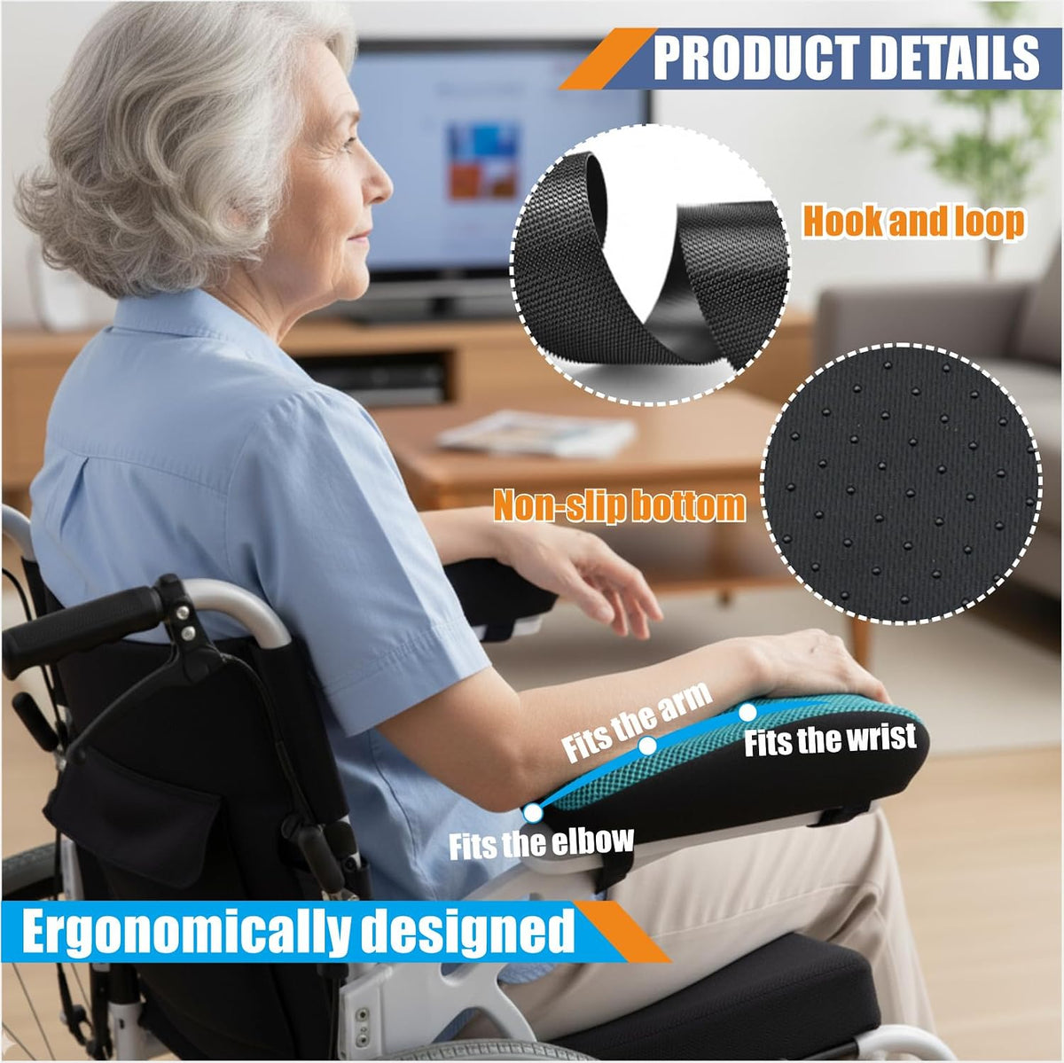 EDWERD Elderly Wheelchair Armrest Pad - Mobility Scooter Elbow Pillow Tray Soft Cushion Memory Foam Arm Stabilizer Accessories, 1PCS