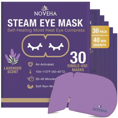 NOVEHA Lavender Self Heating Steam Eye Mask for Dry Eyes 30PCs Air-Activated Steam Eye Mask Warm Compress for Ease Daily Strain, Eye Relaxation, Travel & Spa Use, Soothing Moist Heat for Stressed Eyes