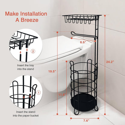 Goozii Gold Free Standing Toilet Paper Holder Stand with Phone Shelf, Floor Bathroom Tissue Holder for Large Mega Rolls, Metal Freestanding Toilet Paper Roll Holder with Wipes Storage Tray
