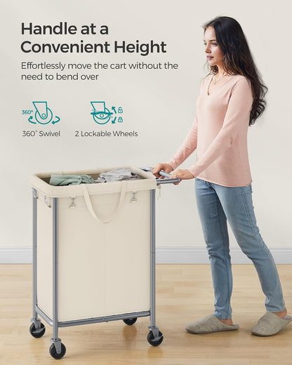 SONGMICS Laundry Basket with Wheels, 4-Section Rolling Laundry Hamper, 68.6 Gallons (260 L), Removable Liner, Steel Frame with Handle, 43.3 x 15.4 x 31.9 Inches, Cream White URLS014W01