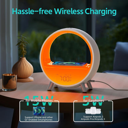 MOMILLA Smart Sunrise Alarm Clock with Wireless Charging Station, App Control Wake-Up Light & White Noise Sound Machine, Bluetooth Speaker, Compatible with Airpods/iPhone for Bedrooms & Heavy Sleepers | Bluetooth Speaker App Control,Wake-Up Light,White