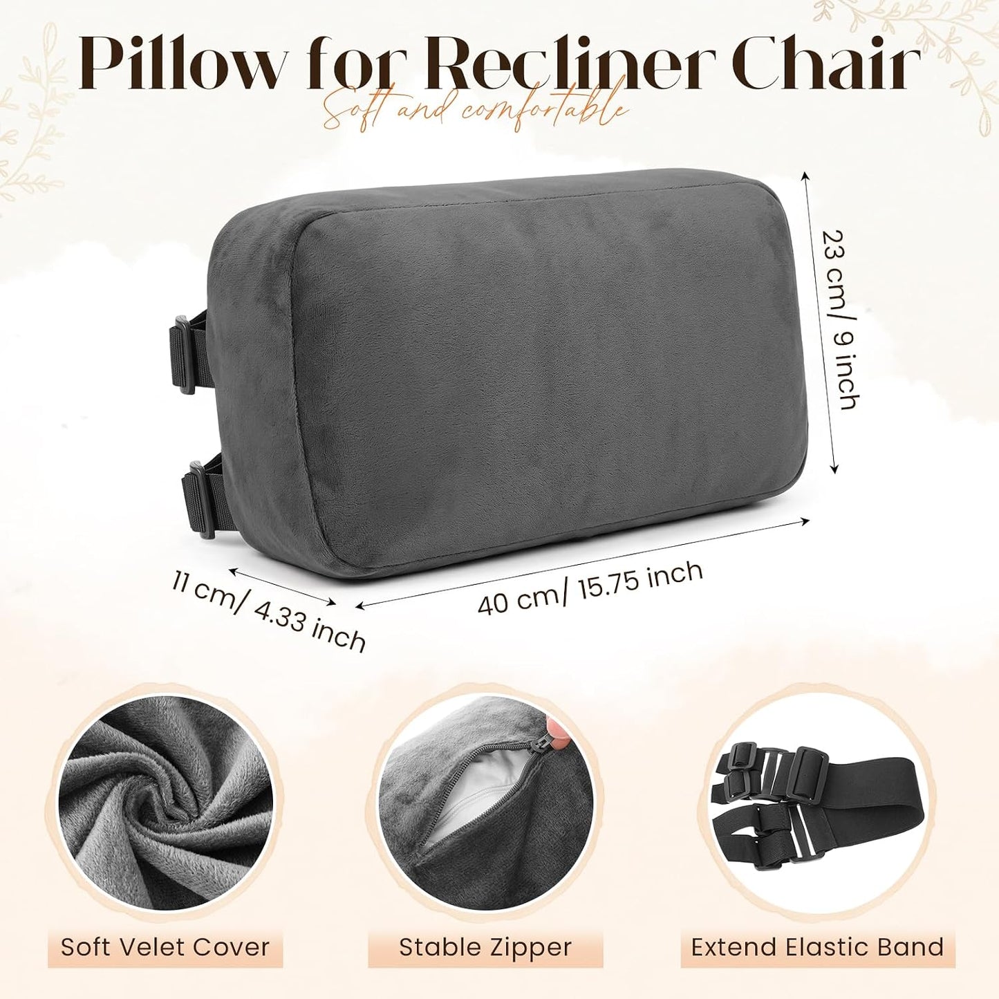 Novabright Head Recliner Pillow Adjustable Headrest Pillow for Recliner 15.75 x 7.87‘' Detachable Soft Non Slip Velvet Relieve Neck Support for Sofa Couch Armchair Travel Home with Zipper Cover