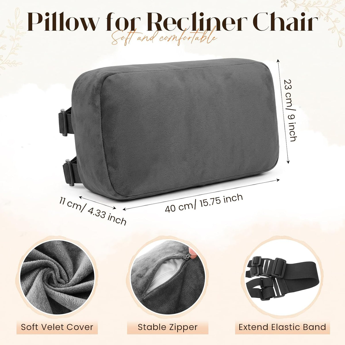 Novabright Head Recliner Pillow Adjustable Headrest Pillow for Recliner 15.75 x 7.87‘' Detachable Soft Non Slip Velvet Relieve Neck Support for Sofa Couch Armchair Travel Home with Zipper Cover