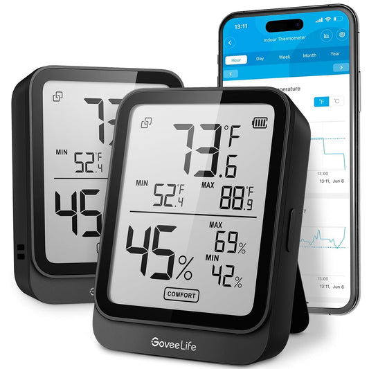 GoveeLife Bluetooth Hygrometer Thermometer H5104, LCD Digital White 2-Pack | Indoor temperature monitor with APP alert & 2-yr data storage export, humidity meter for greenhouse/wine cellar/bedroom