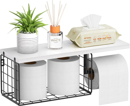 VITVITI Toilet Paper Holder with Shelf, Wall Mounted Storage Basket, Brown | Farmhouse Wall Mount Toilet Paper Holder Shelves, Wood Metal Toilet Roll Wipes Holder for Bathroom