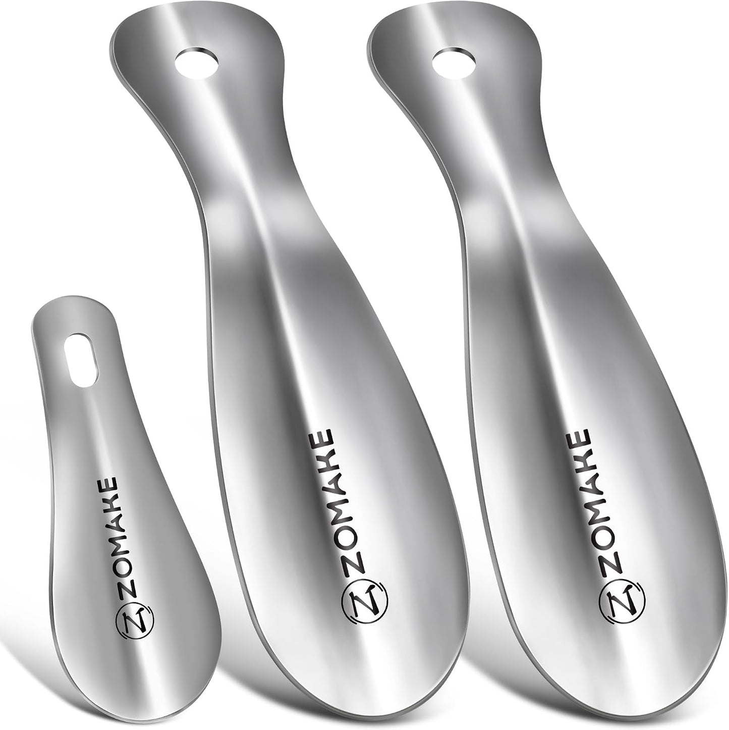 ZOMAKE Metal Shoe Horn, Small Travel Shoehorn for Men Women Kids 7.5''&3.9" | 3 Pack Stainless Steel Portable Shoe Spoon Helper, Compact Travel Size, Built-In Hang Hole, Smooth Rounded Curve, Shoe Care