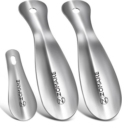 ZOMAKE Metal Shoe Horn, Small Travel Shoehorn for Men Women Kids 7.5''&3.9" | 3 Pack Stainless Steel Portable Shoe Spoon Helper, Compact Travel Size, Built-In Hang Hole, Smooth Rounded Curve, Shoe Care